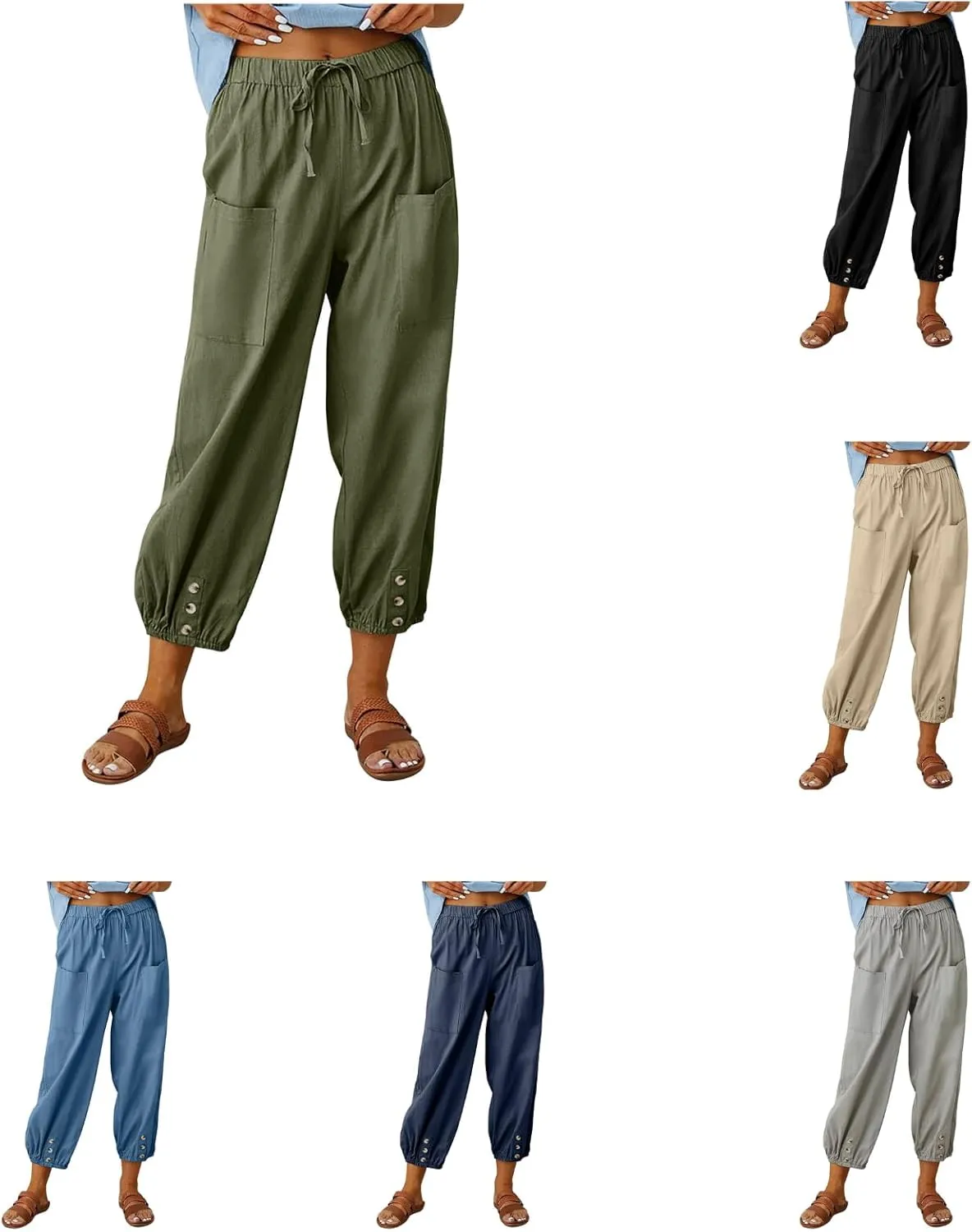 Drawstring Linen Pants for Women Loose Fit Button Down Pants High Waisted Wide Leg Pants Lounge Pants with Pockets