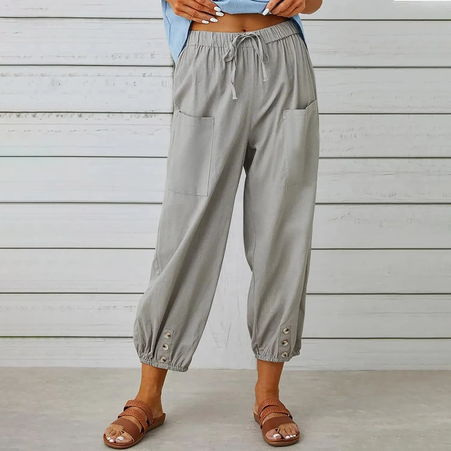 Drawstring Linen Pants for Women Loose Fit Button Down Pants High Waisted Wide Leg Pants Lounge Pants with Pockets