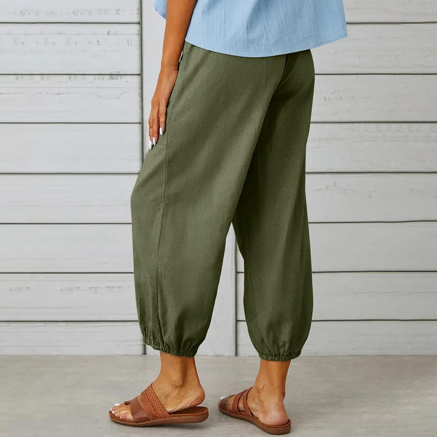 Drawstring Linen Pants for Women Loose Fit Button Down Pants High Waisted Wide Leg Pants Lounge Pants with Pockets