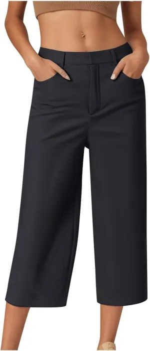 Dress Capri Pants for Women Wide Leg Straight Business Casual Stretchy Work Pants Comfy High Waisted Suit Trousers