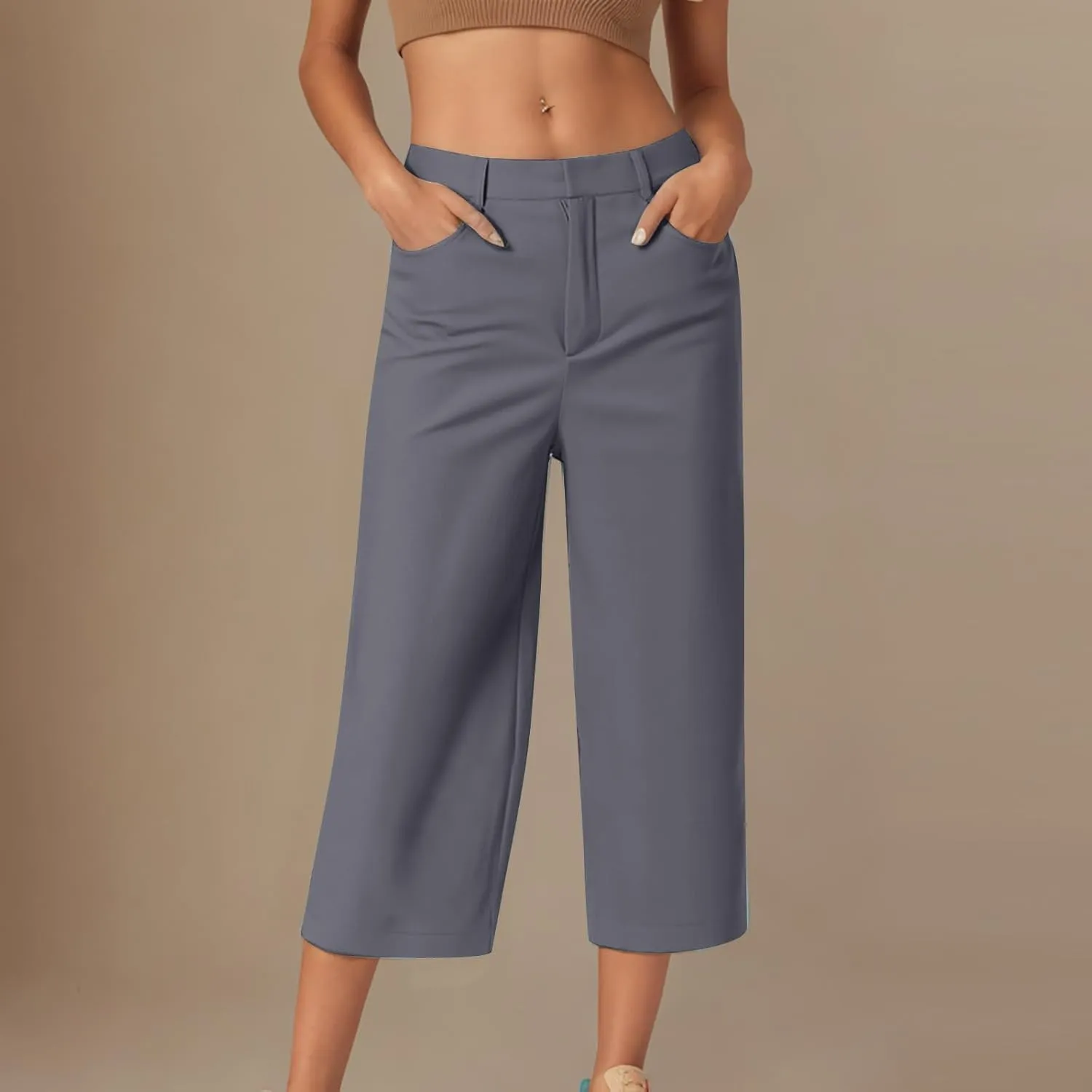 Dress Capri Pants for Women Wide Leg Straight Business Casual Stretchy Work Pants Comfy High Waisted Suit Trousers