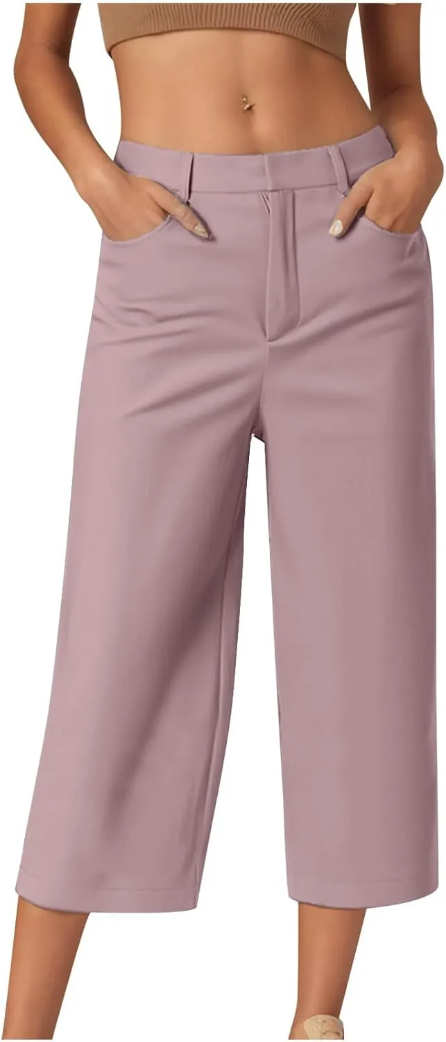 Dress Capri Pants for Women Wide Leg Straight Business Casual Stretchy Work Pants Comfy High Waisted Suit Trousers