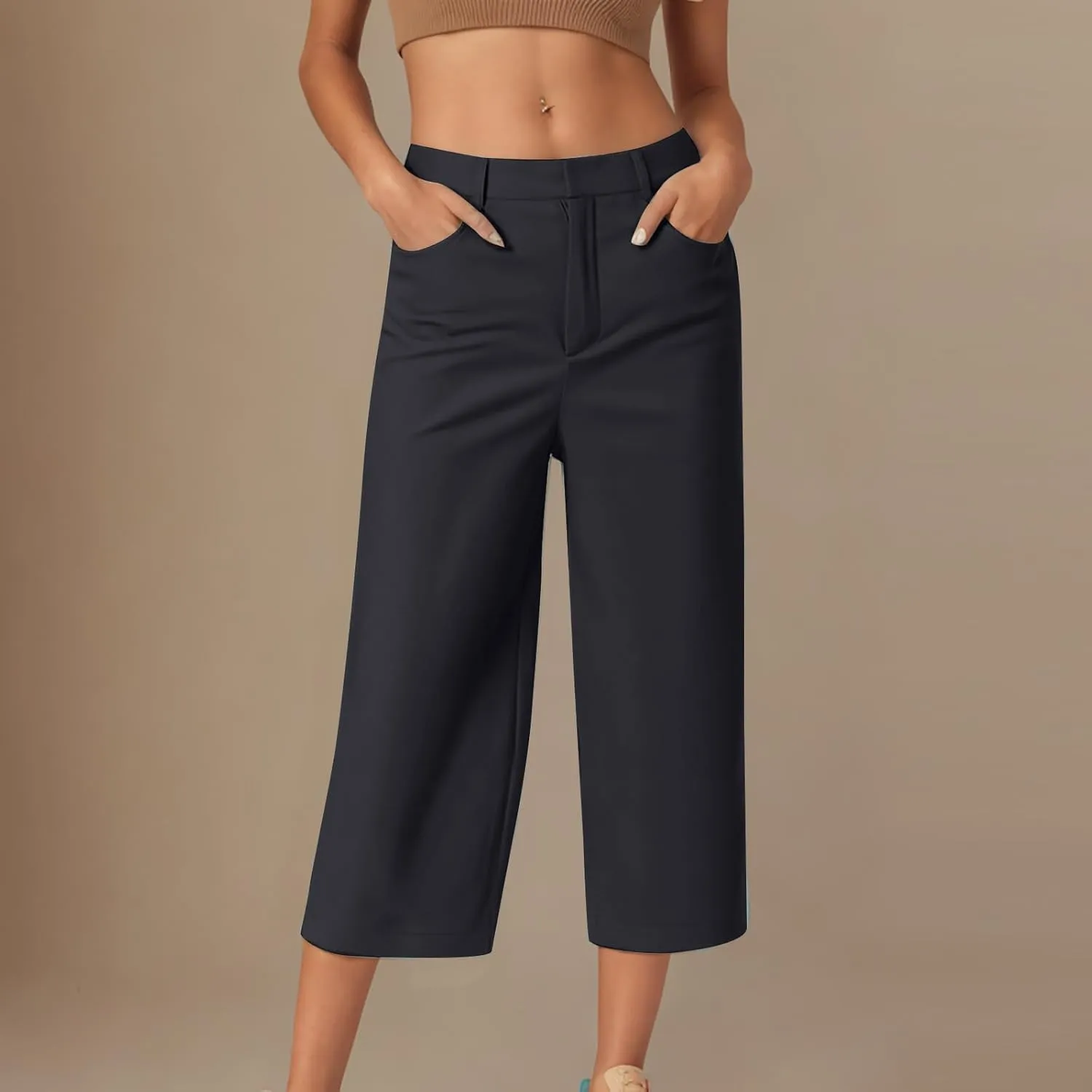 Dress Capri Pants for Women Wide Leg Straight Business Casual Stretchy Work Pants Comfy High Waisted Suit Trousers