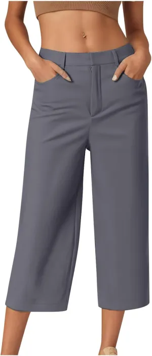 Dress Capri Pants for Women Wide Leg Straight Business Casual Stretchy Work Pants Comfy High Waisted Suit Trousers
