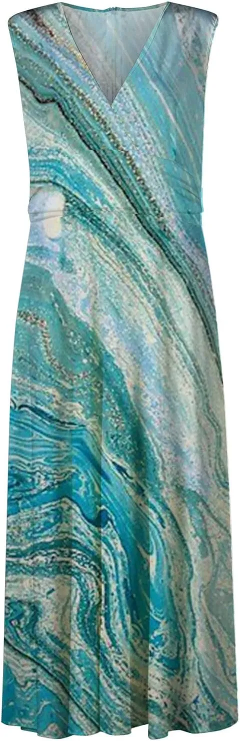 Dresses for Women 2025 Spring Summer Elegant Wrap V Neck Sleeveless Maxi Dress,Trendy Marble Print Flowy Beach Dress