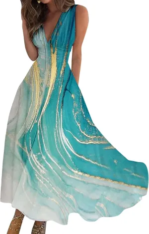 Dresses for Women 2025 Spring Summer Elegant Wrap V Neck Sleeveless Maxi Dress,Trendy Marble Print Flowy Beach Dress