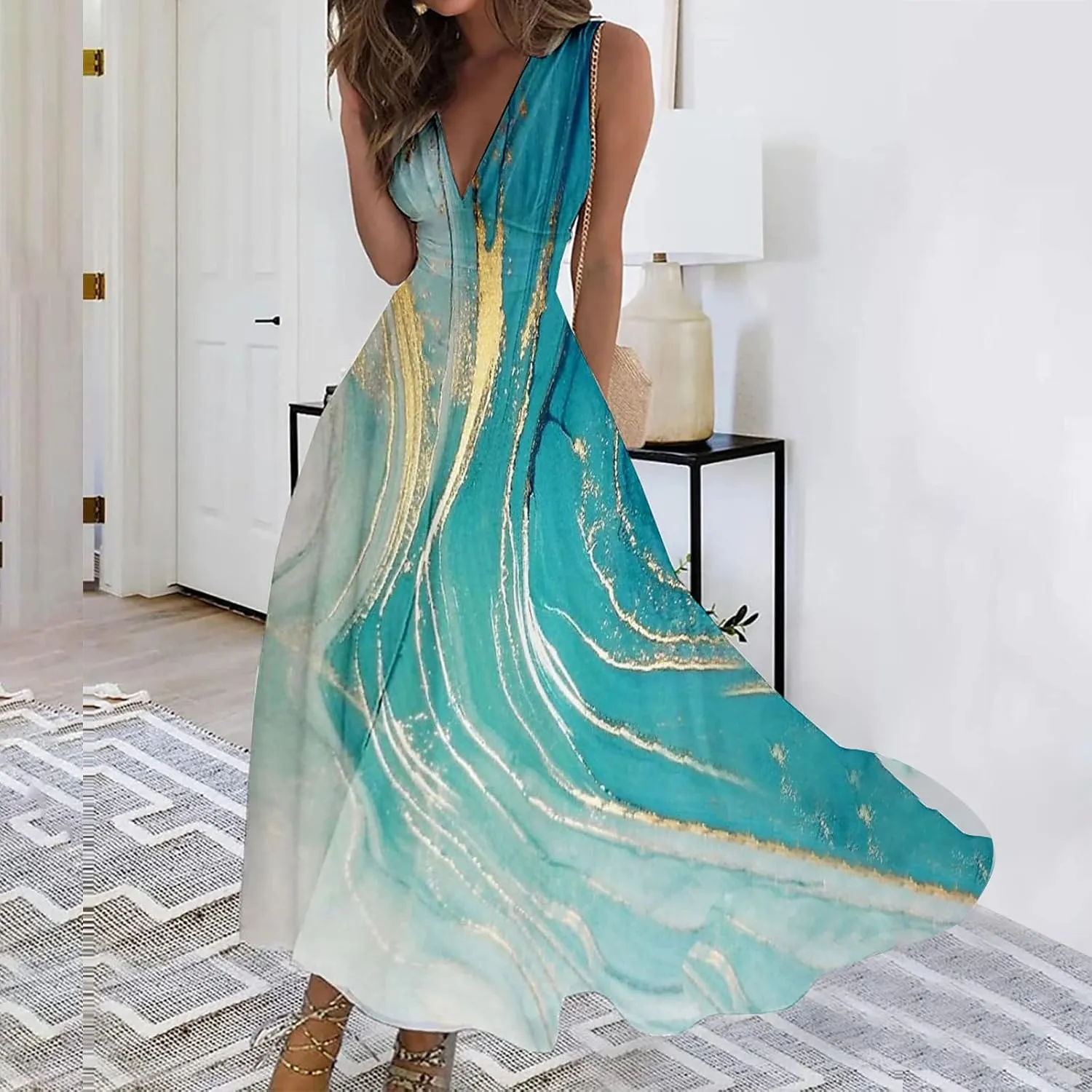 Dresses for Women 2025 Spring Summer Elegant Wrap V Neck Sleeveless Maxi Dress,Trendy Marble Print Flowy Beach Dress