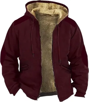 DuDubaby Winter Graphic Coat Men Fleece Wool Zip Up Long Sleeve Jackets Vintage Outdoor Fashion Coats Thermal Ski Hooded