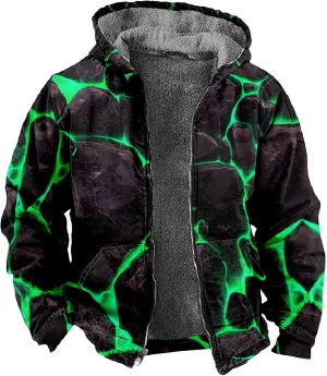 DuDubaby Winter Graphic Coat Men Fleece Zip Up Long Sleeve Jackets Vintage Outdoor Fashion Coats Thermal Ski Hooded