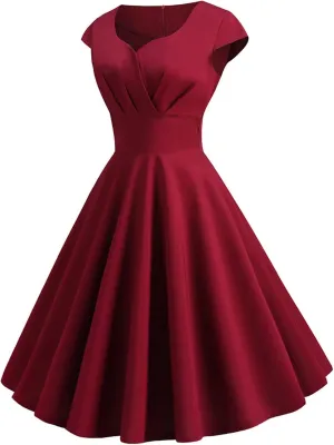 Elegant Midi Dresses for Women, V Neck Cap Sleeve Pleated Wrap Dress, Solid Color Vintage Cocktail Party Gowns