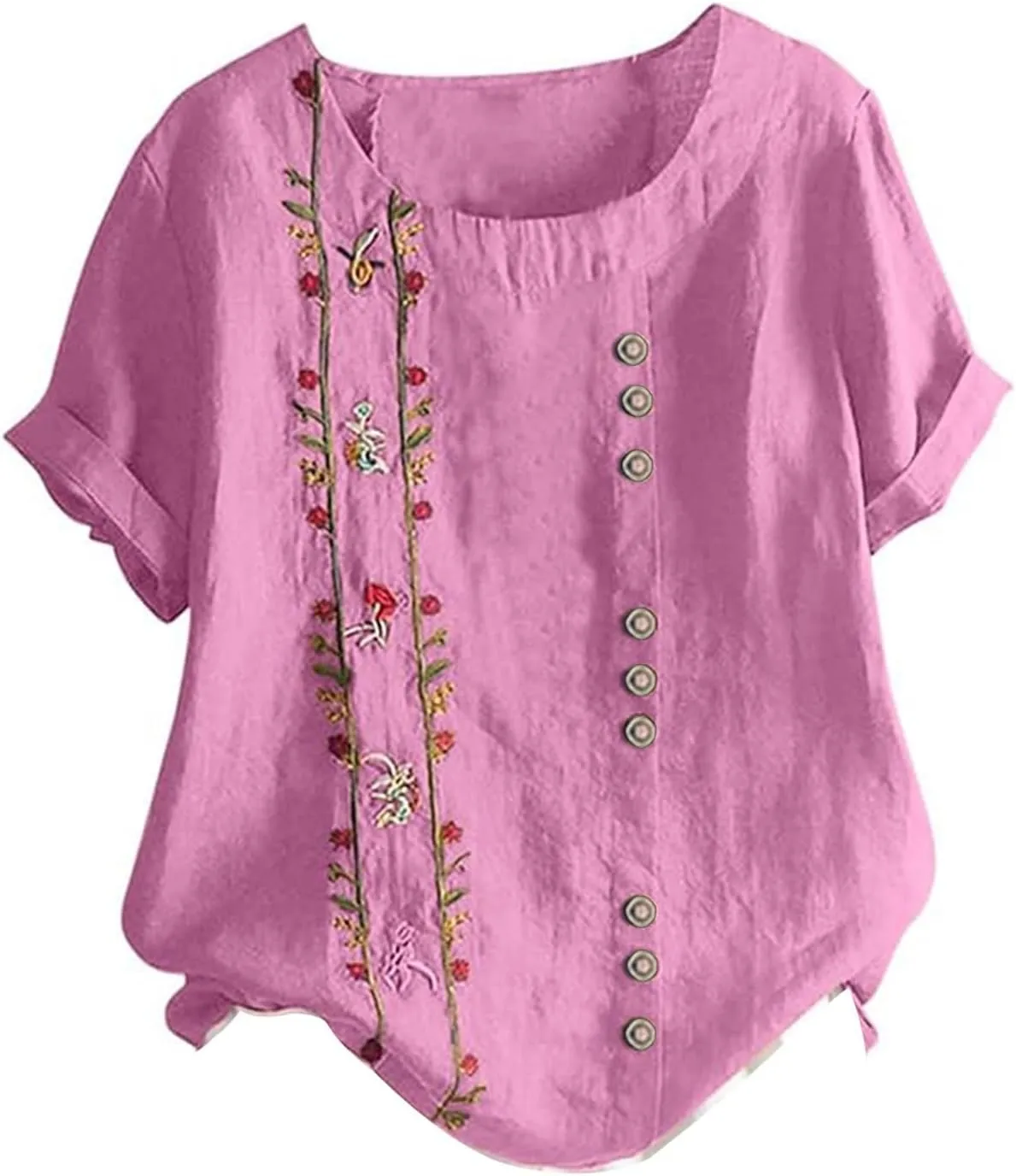 Embroidered Tops for Women Cotton Linen Shirts Loose Fit Boho Peasant Blouse 2025 Summer Casual Short Sleeve Tshirts