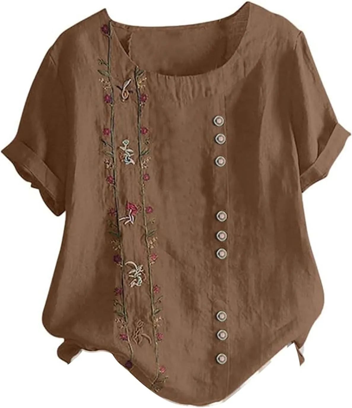 Embroidered Tops for Women Cotton Linen Shirts Loose Fit Boho Peasant Blouse 2025 Summer Casual Short Sleeve Tshirts