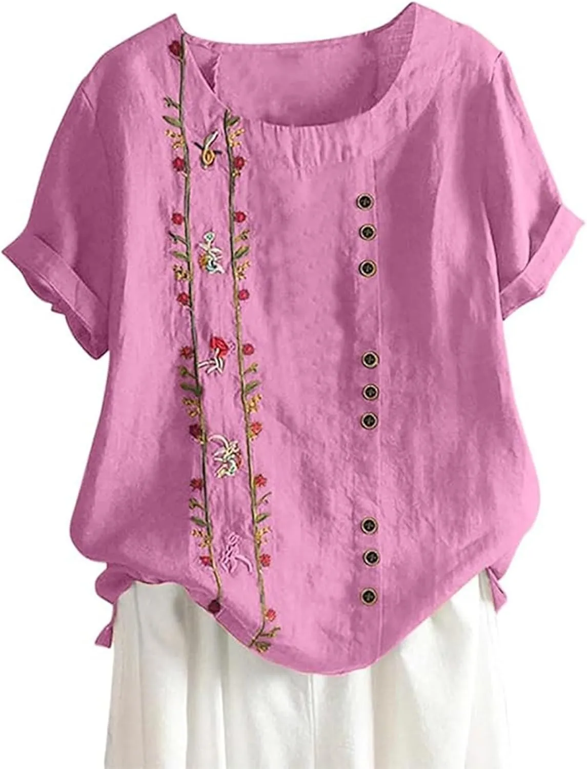 Embroidered Tops for Women Cotton Linen Shirts Loose Fit Boho Peasant Blouse 2025 Summer Casual Short Sleeve Tshirts