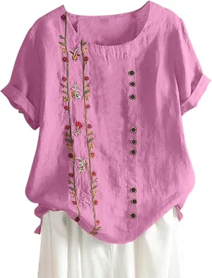 Embroidered Tops for Women Cotton Linen Shirts Loose Fit Boho Peasant Blouse 2025 Summer Casual Short Sleeve Tshirts