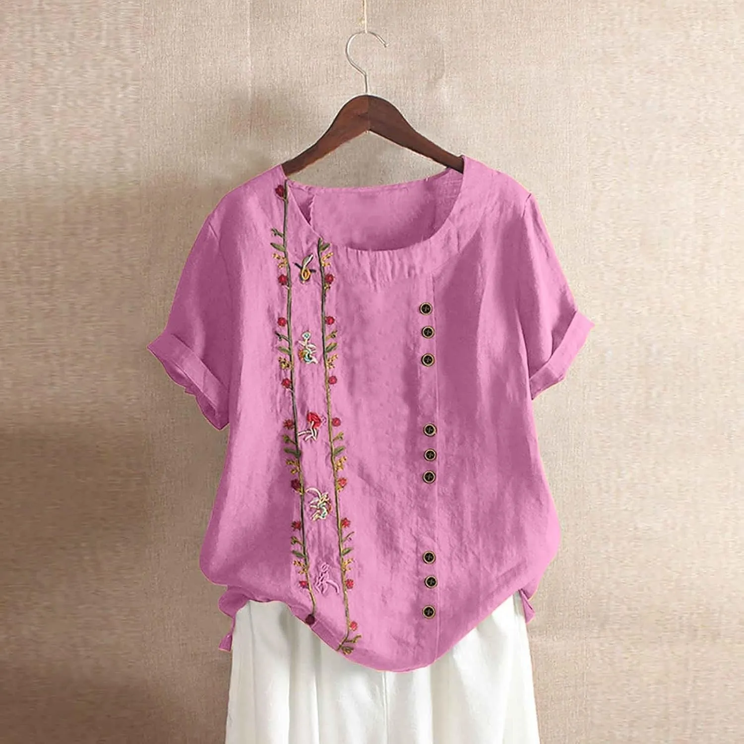Embroidered Tops for Women Cotton Linen Shirts Loose Fit Boho Peasant Blouse 2025 Summer Casual Short Sleeve Tshirts