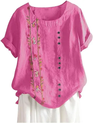 Embroidered Tops for Women Cotton Linen Shirts Loose Fit Boho Peasant Blouse 2025 Summer Casual Short Sleeve Tshirts