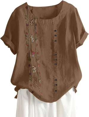 Embroidered Tops for Women Cotton Linen Shirts Loose Fit Boho Peasant Blouse 2025 Summer Casual Short Sleeve Tshirts