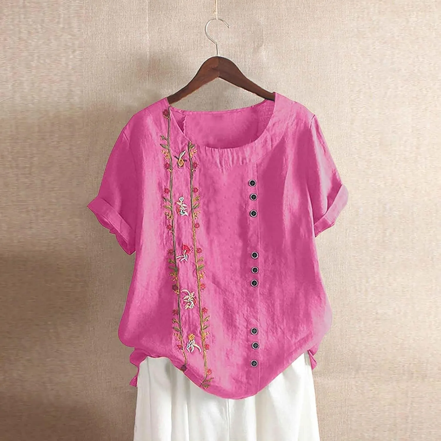 Embroidered Tops for Women Cotton Linen Shirts Loose Fit Boho Peasant Blouse 2025 Summer Casual Short Sleeve Tshirts