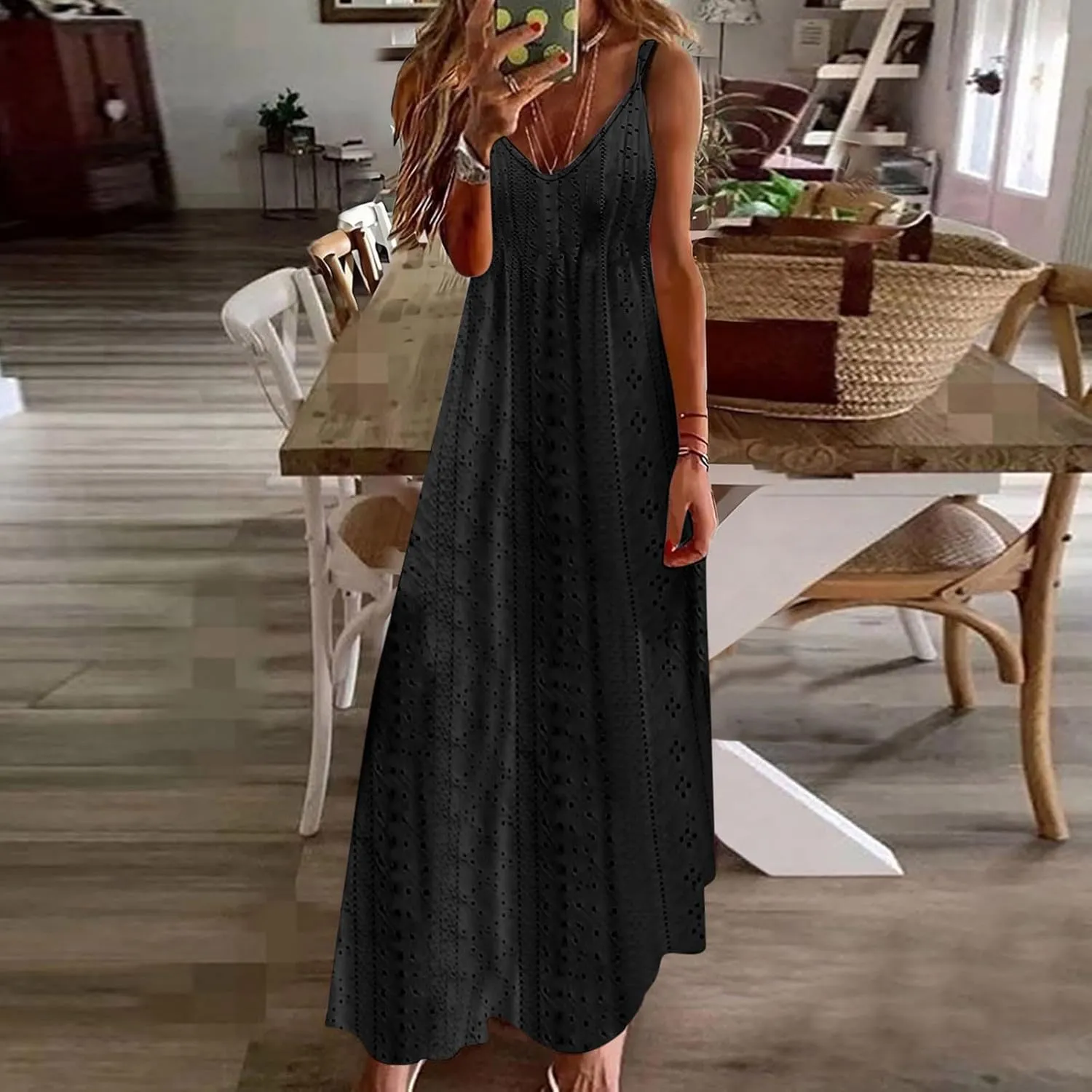 Eyelet Dress for Women 2024 Casual Sleeveless Long Maxi Dress Trendy Sexy V Neck Slip Dress Summer Vacation Outfits
