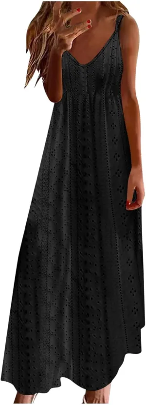 Eyelet Dress for Women 2024 Casual Sleeveless Long Maxi Dress Trendy Sexy V Neck Slip Dress Summer Vacation Outfits