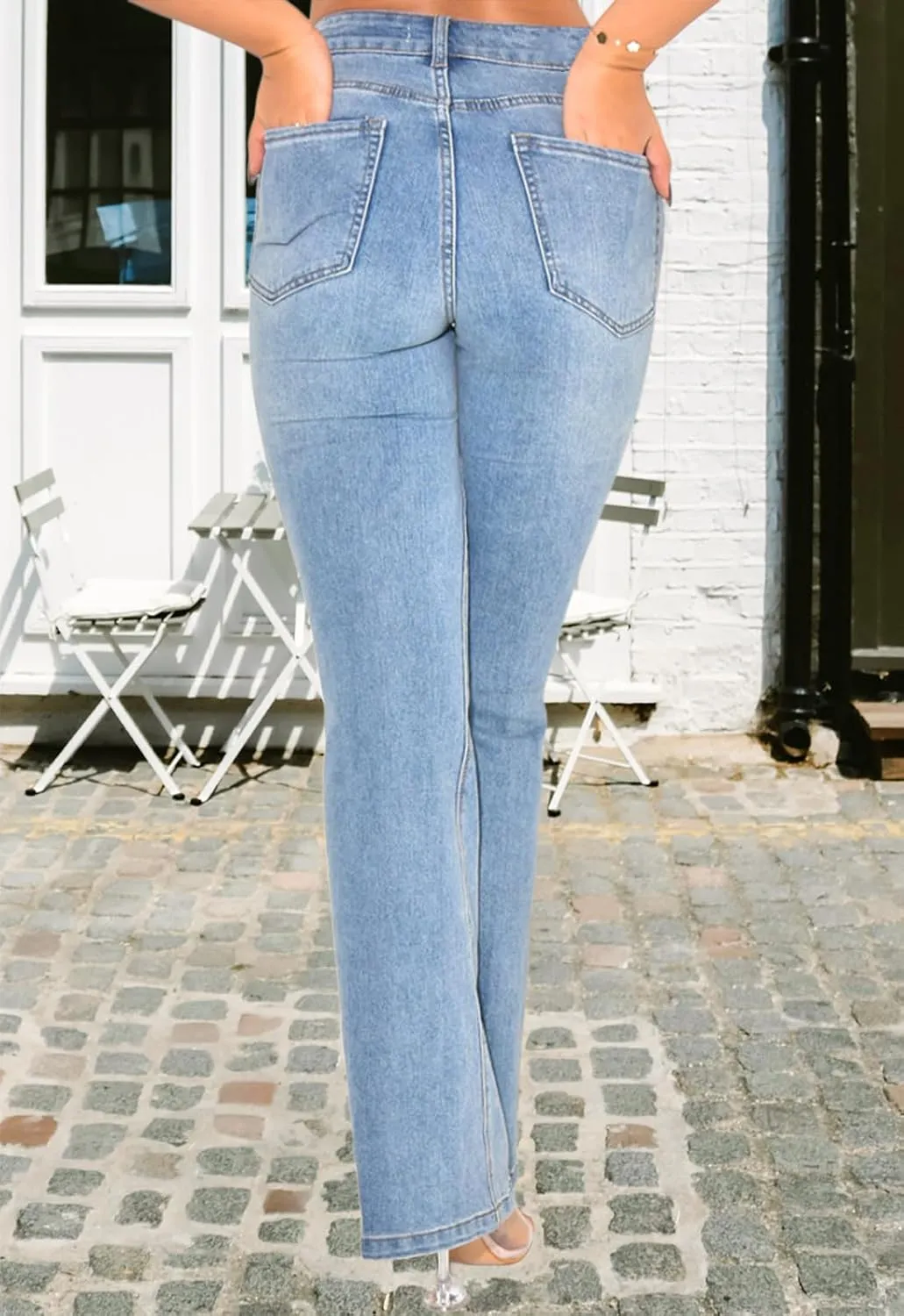 FairBeauty Women's Skinny Stretch Jeans Frayed Raw Hem Slim Fit Jeans Ripped Denim Pants