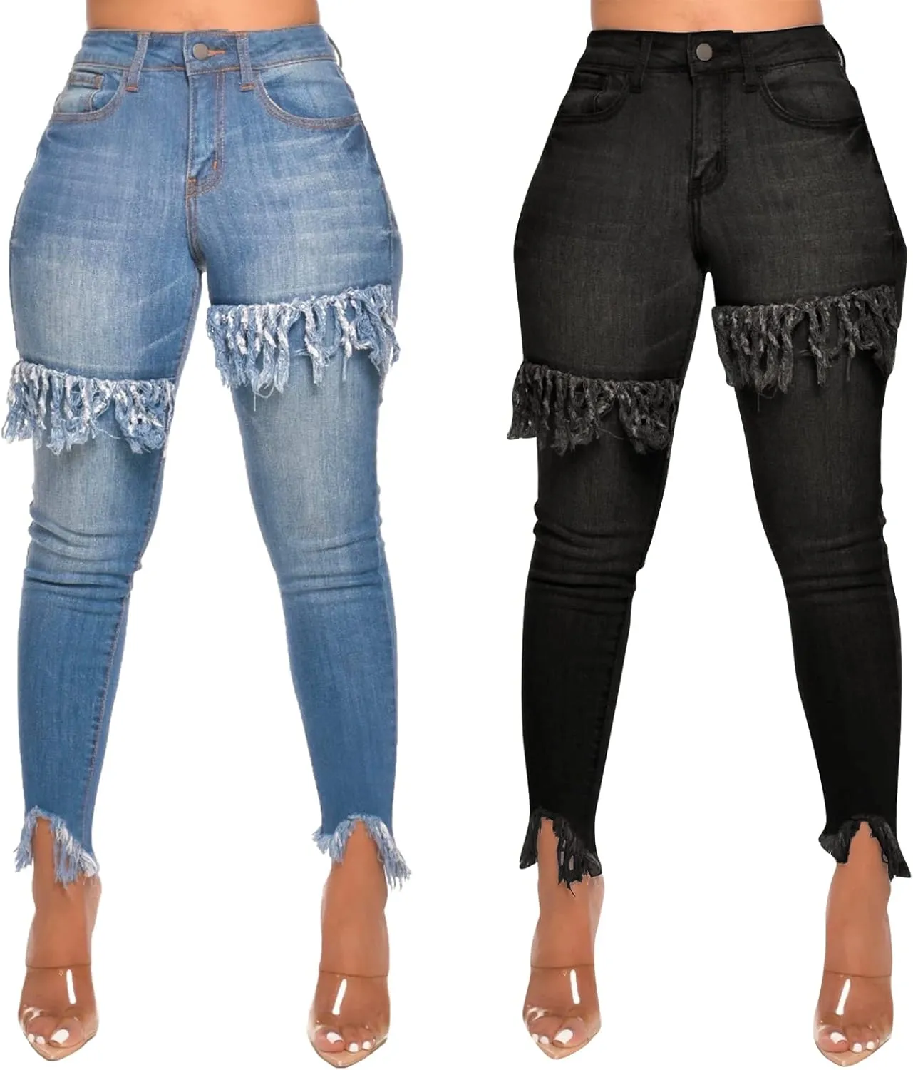 FairBeauty Women's Skinny Stretch Jeans Frayed Raw Hem Slim Fit Jeans Ripped Denim Pants