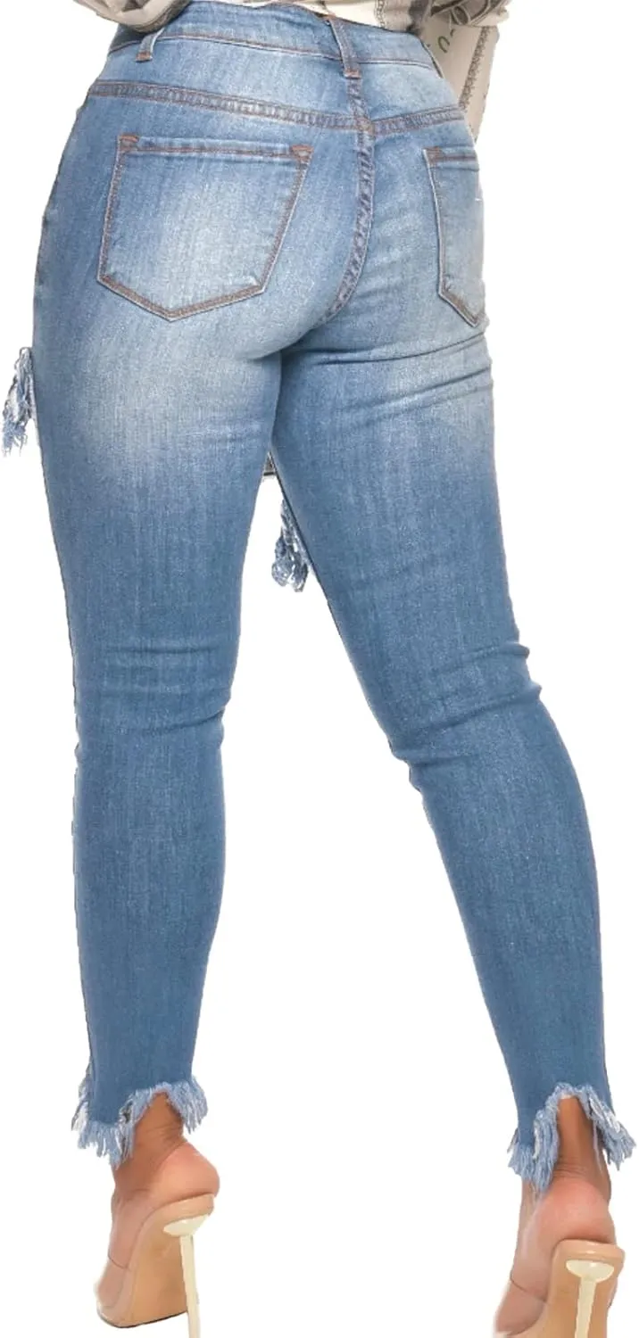 FairBeauty Women's Skinny Stretch Jeans Frayed Raw Hem Slim Fit Jeans Ripped Denim Pants