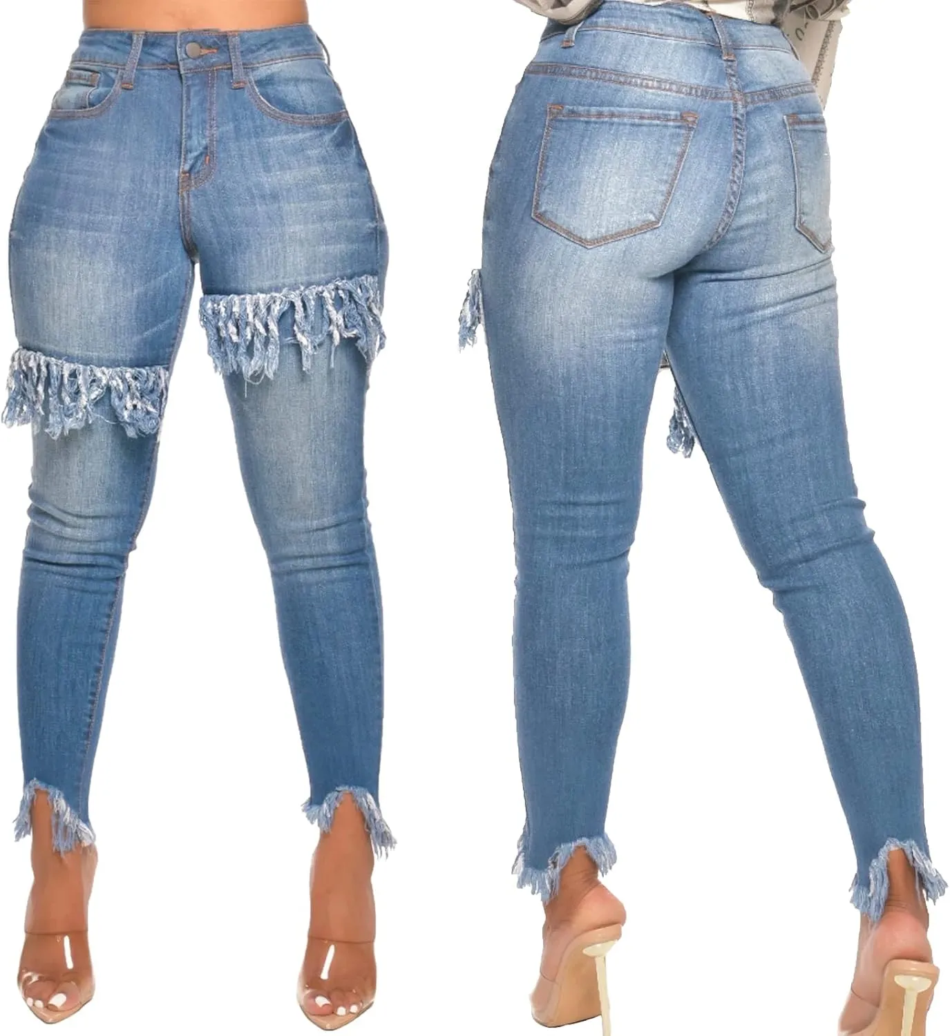 FairBeauty Women's Skinny Stretch Jeans Frayed Raw Hem Slim Fit Jeans Ripped Denim Pants