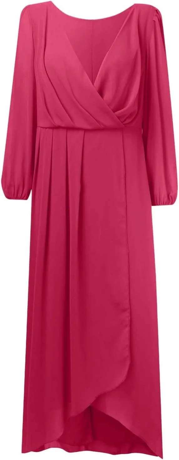 Fall Dresses for Women 2024 Long Sleeve Wrap V Neck Long Dress Ruffle Flowy Party Dress a Line Wedding Guest Dress