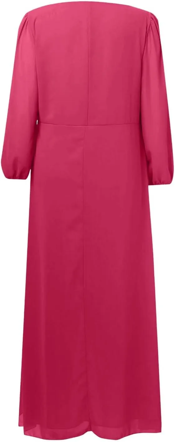 Fall Dresses for Women 2024 Long Sleeve Wrap V Neck Long Dress Ruffle Flowy Party Dress a Line Wedding Guest Dress