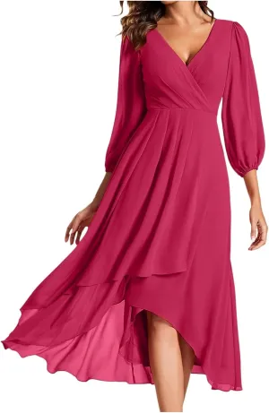 Fall Dresses for Women 2024 Long Sleeve Wrap V Neck Long Dress Ruffle Flowy Party Dress a Line Wedding Guest Dress