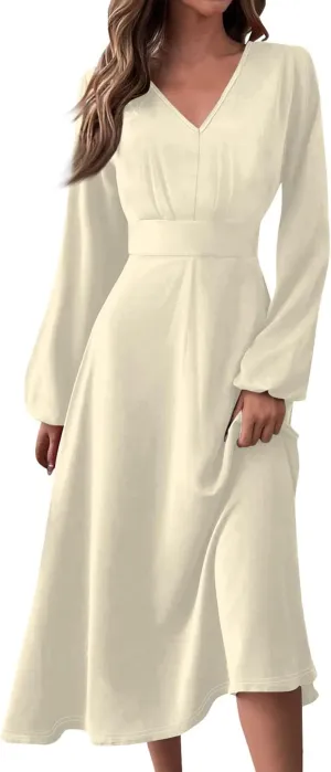 Fall Dresses for Women 2024 Long Sleeve Wrap V Neck Ruffle Belted A-Line Flowy Midi Dresses