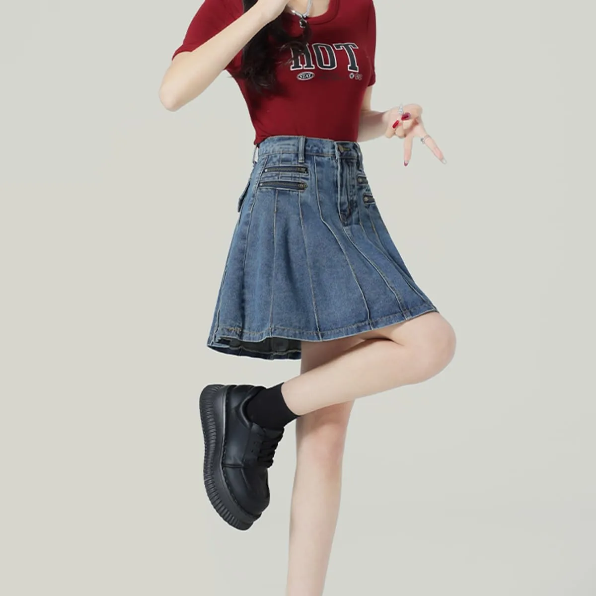 Fashion Women's Jean Mini Skirt Y2K Casual Vintage A Line High Waist Pleated Denim Skirt with Lining