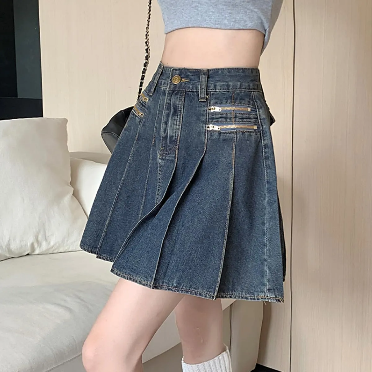 Fashion Women's Jean Mini Skirt Y2K Casual Vintage A Line High Waist Pleated Denim Skirt with Lining