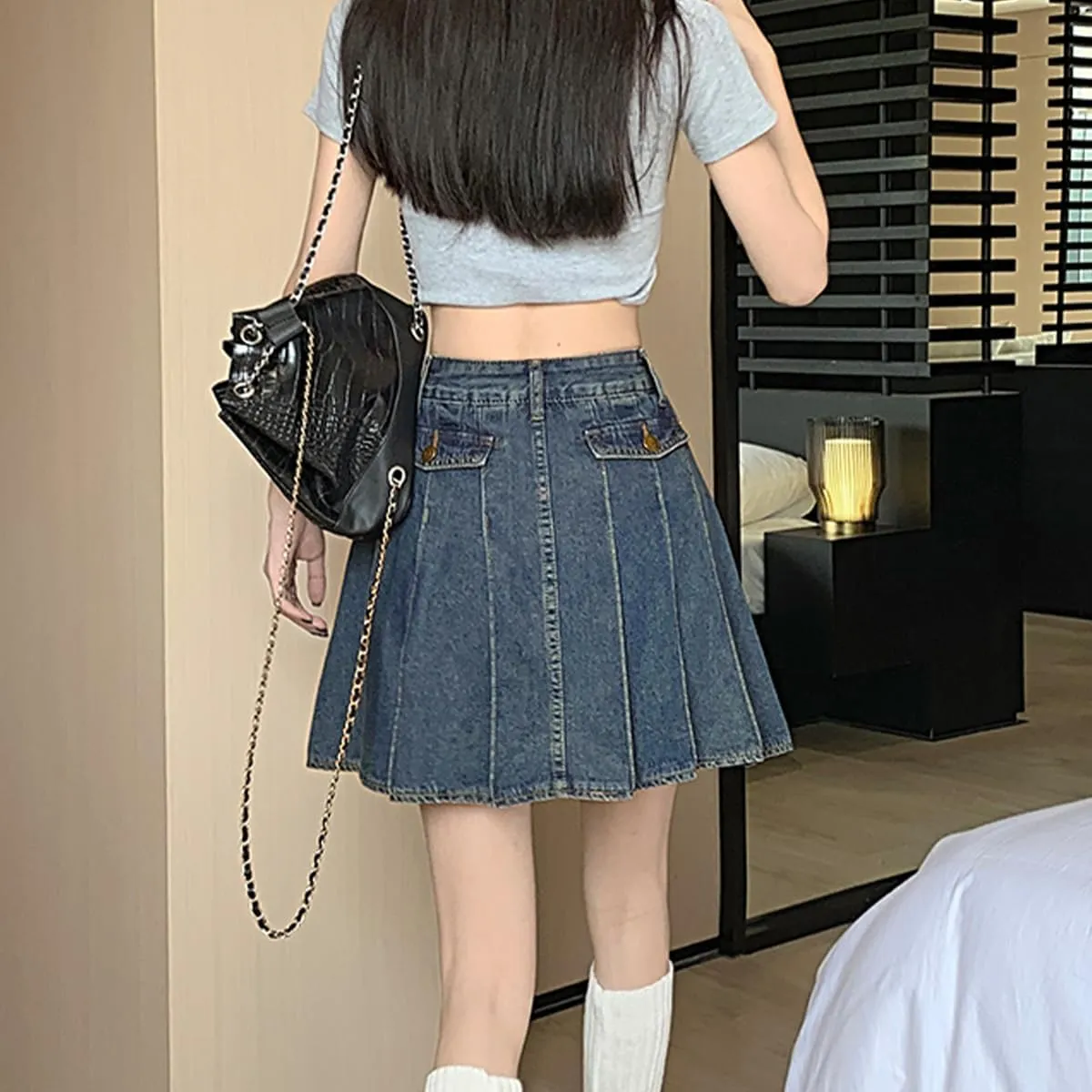 Fashion Women's Jean Mini Skirt Y2K Casual Vintage A Line High Waist Pleated Denim Skirt with Lining
