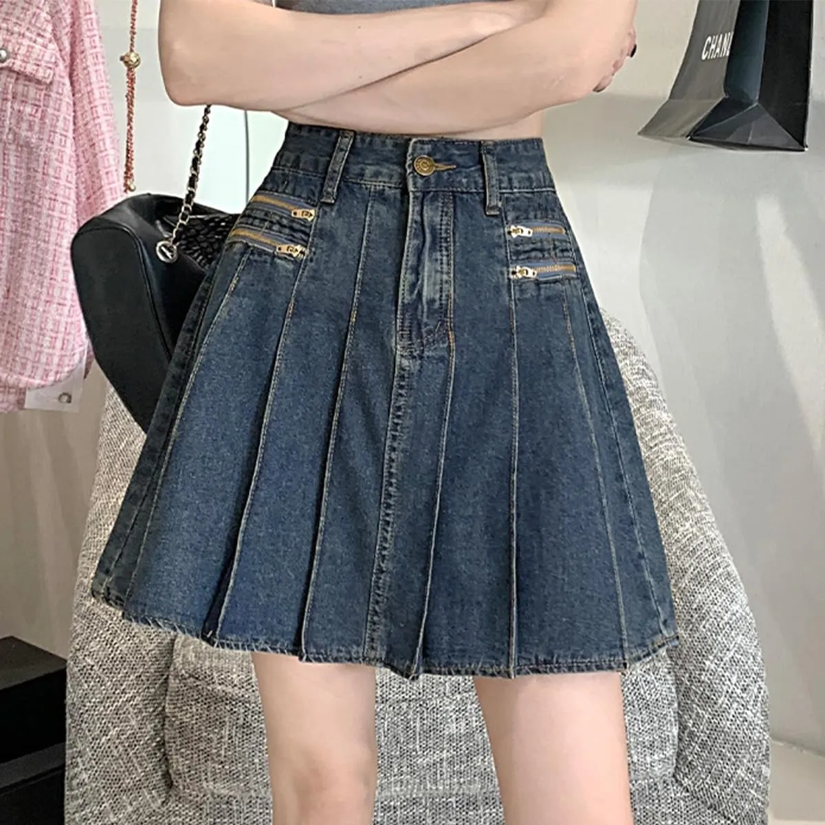 Fashion Women's Jean Mini Skirt Y2K Casual Vintage A Line High Waist Pleated Denim Skirt with Lining