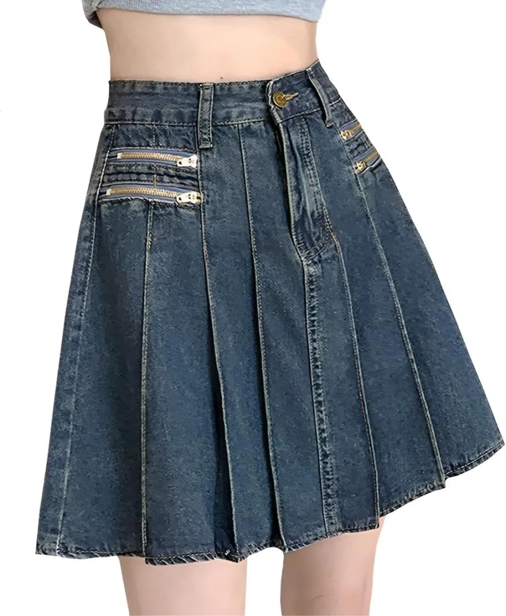 Fashion Women's Jean Mini Skirt Y2K Casual Vintage A Line High Waist Pleated Denim Skirt with Lining
