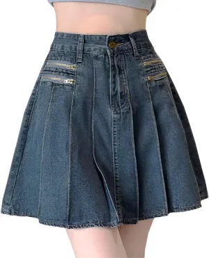 Fashion Women's Jean Mini Skirt Y2K Casual Vintage A Line High Waist Pleated Denim Skirt with Lining