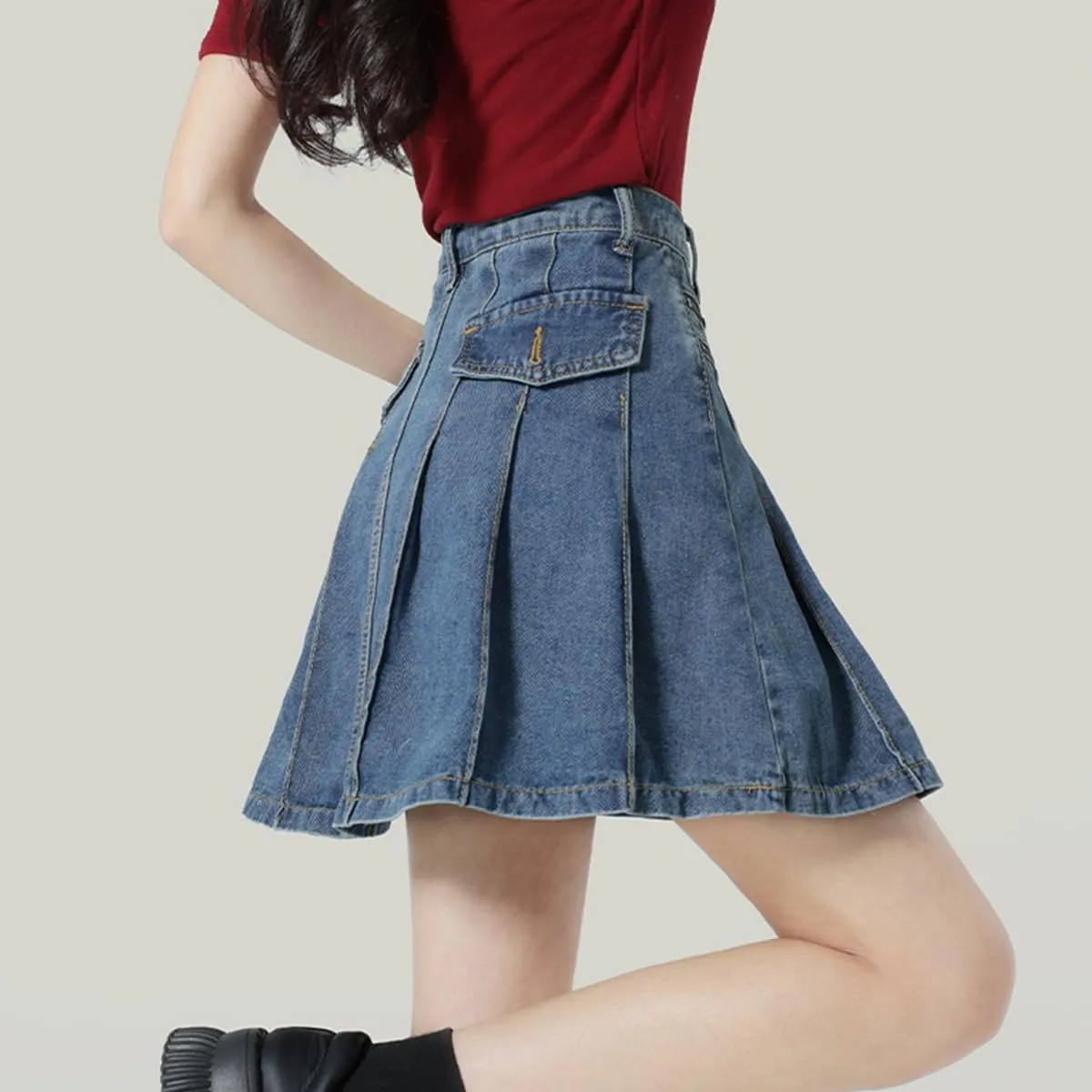 Fashion Women's Jean Mini Skirt Y2K Casual Vintage A Line High Waist Pleated Denim Skirt with Lining