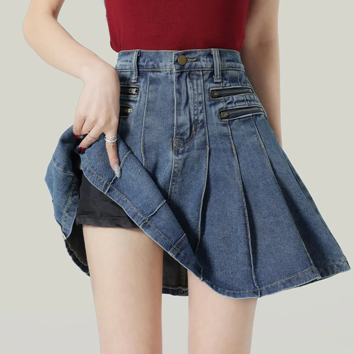 Fashion Women's Jean Mini Skirt Y2K Casual Vintage A Line High Waist Pleated Denim Skirt with Lining