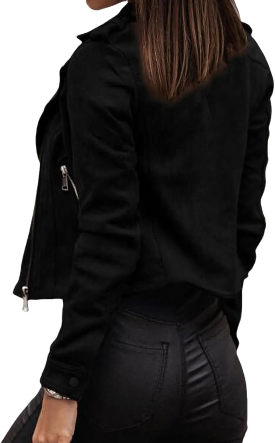 Faux Suede Jackets for Women Long Sleeve Zipper Short Moto Biker Coat Fashion Cropped Jackets Solid Color Outerwear