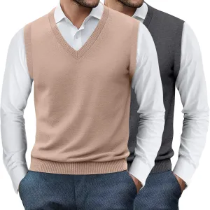 Ficerd 2 Pack Men's Sweater Vest, Slim Fit V Neck Knitted Pullovers Casual Lightweight Knitwear Sleeveless Basic Sweater Tops