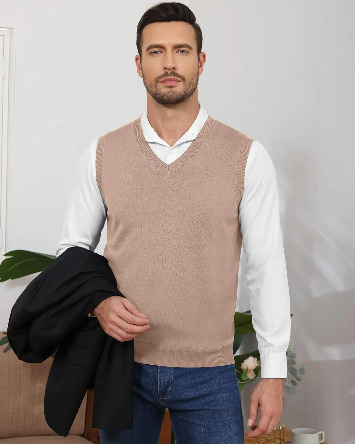 Ficerd 2 Pack Men's Sweater Vest, Slim Fit V Neck Knitted Pullovers Casual Lightweight Knitwear Sleeveless Basic Sweater Tops