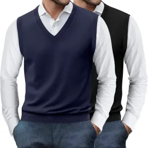 Ficerd 2 Pack Men's Sweater Vest, Slim Fit V Neck Knitted Pullovers Casual Lightweight Knitwear Sleeveless Basic Sweater Tops