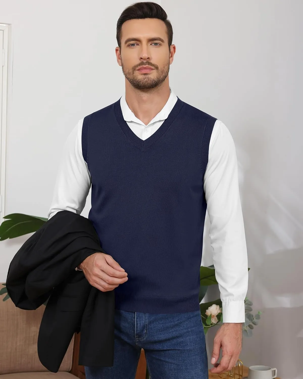Ficerd 2 Pack Men's Sweater Vest, Slim Fit V Neck Knitted Pullovers Casual Lightweight Knitwear Sleeveless Basic Sweater Tops