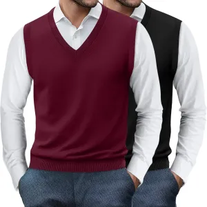 Ficerd 2 Pack Men's Sweater Vest, Slim Fit V Neck Knitted Pullovers Casual Lightweight Knitwear Sleeveless Basic Sweater Tops