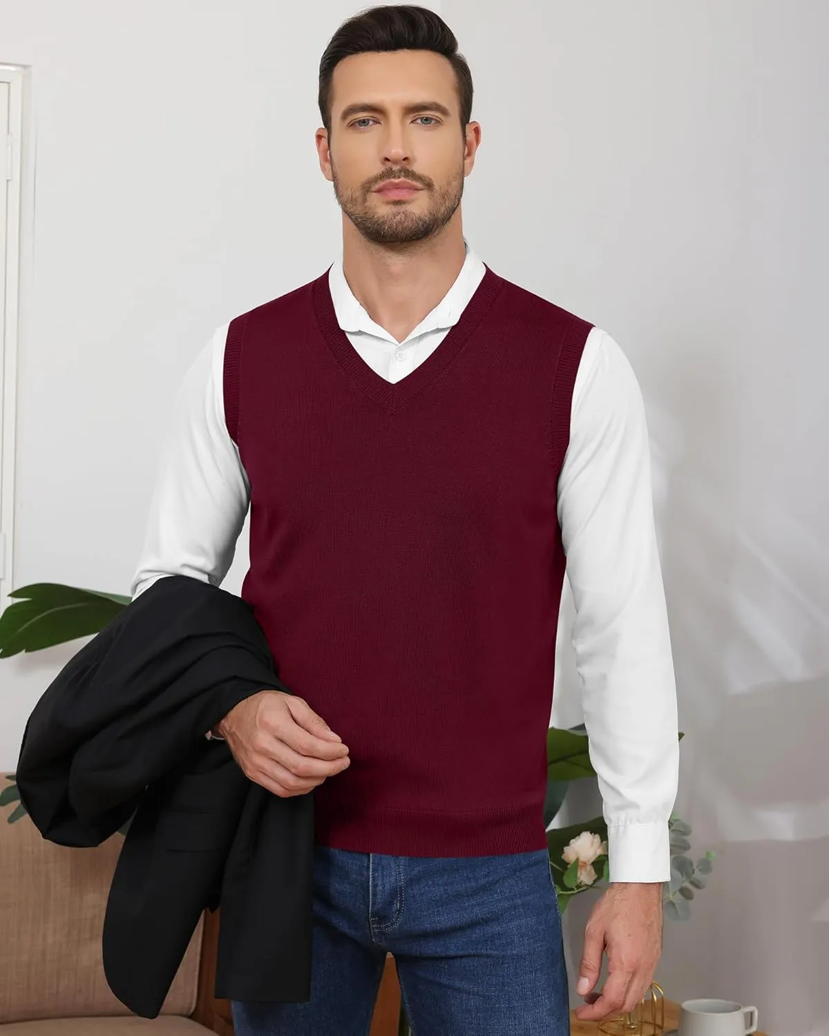 Ficerd 2 Pack Men's Sweater Vest, Slim Fit V Neck Knitted Pullovers Casual Lightweight Knitwear Sleeveless Basic Sweater Tops