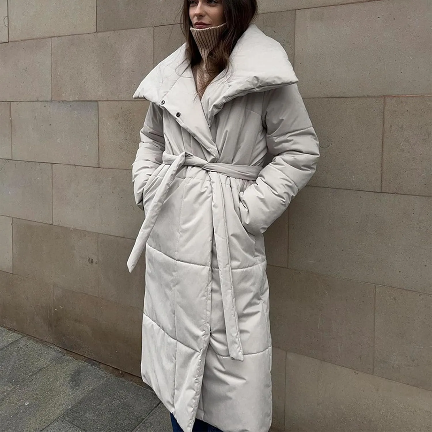 Floor Length Down Jacket for Women Winter Heavyweight Luxurious Fashion Warm Outerwear Tunic Puffer Coat with Belt