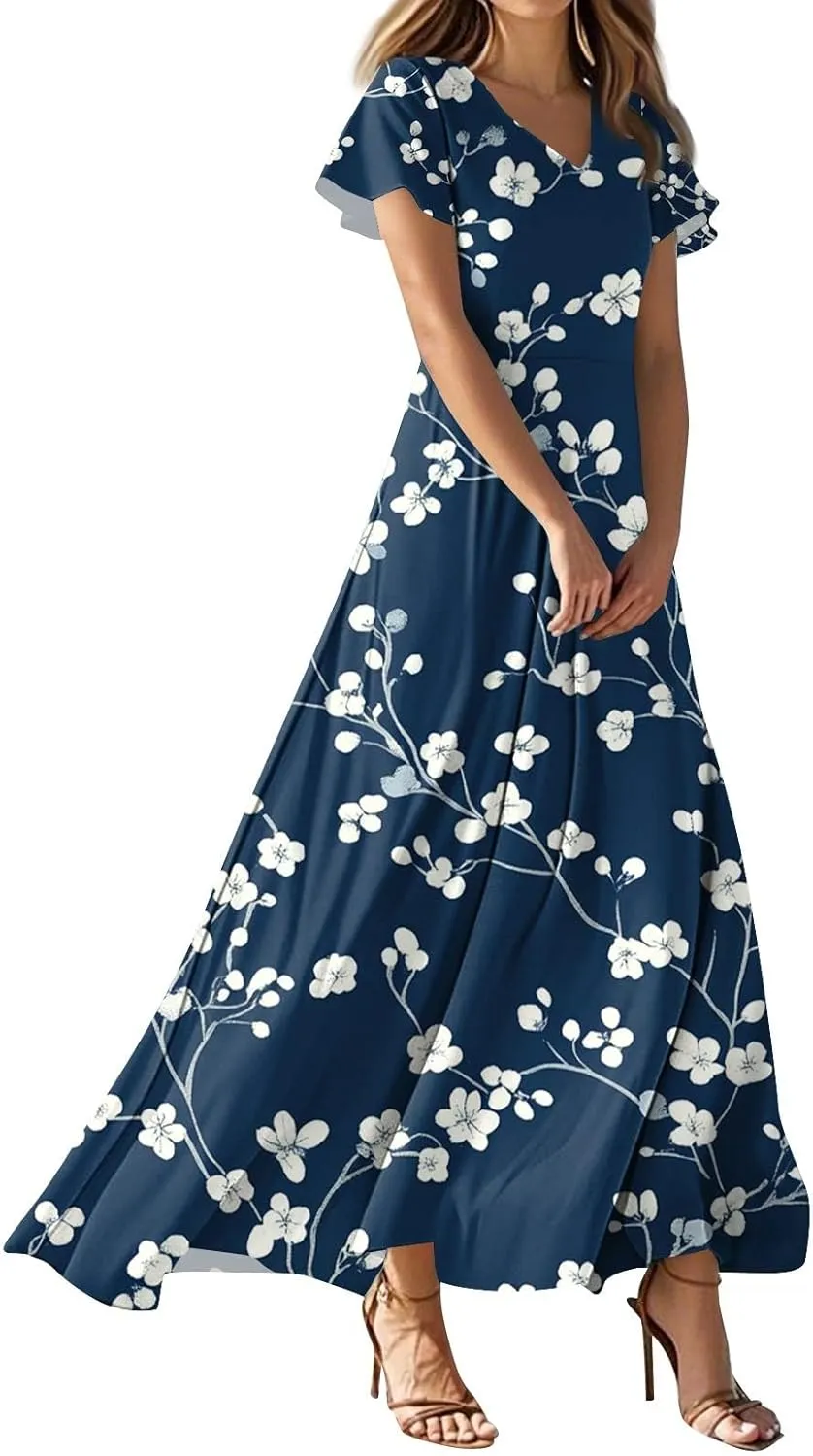 Floral Maxi Dresses for Women 2025 Summer Elegant Flutter Sleeve Long Flowy Trendy V Neck Garden Party Dress