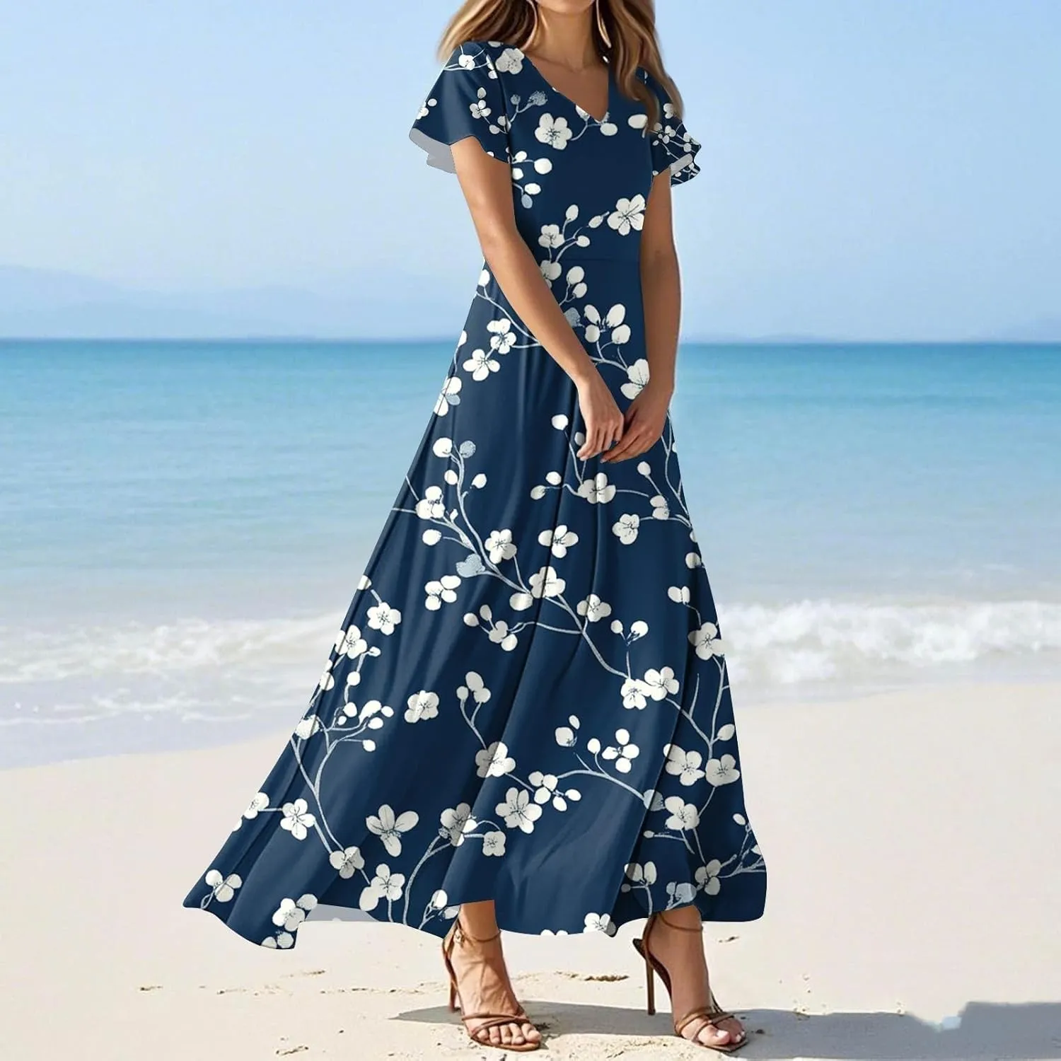 Floral Maxi Dresses for Women 2025 Summer Elegant Flutter Sleeve Long Flowy Trendy V Neck Garden Party Dress